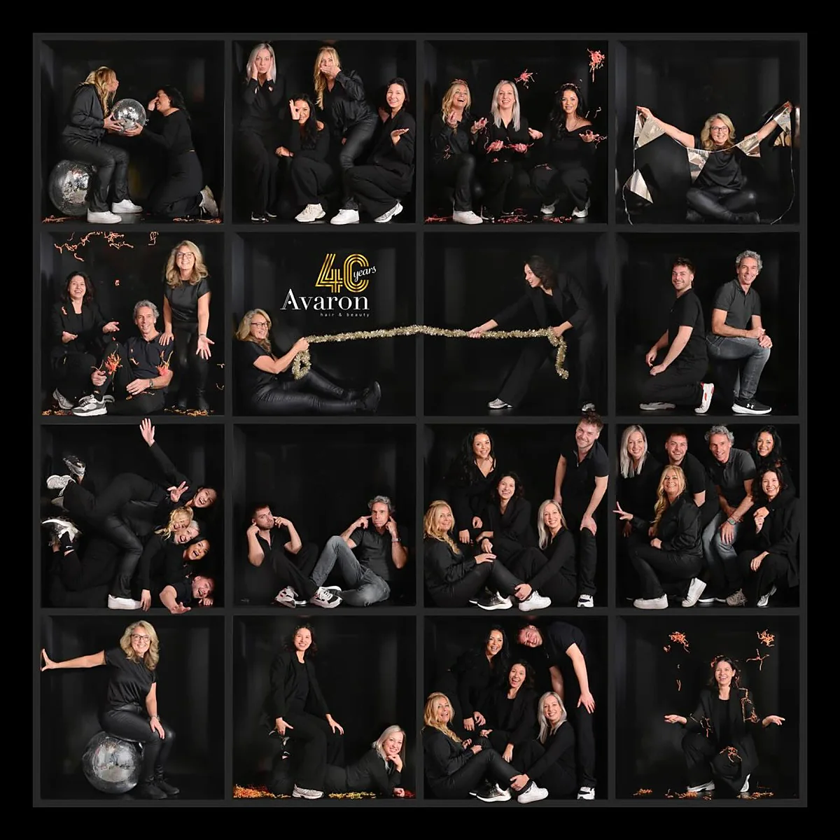 Het team van Avaron in het zwart, in zestien vakjes, bij de fotoshoot voor 40 jaar Avaron
